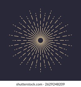 Icons with sun rays on a dark blue background. A sunbeam with lines. Retro logo in the form of a circle with radial rays. The sun is shaped like a star. Vector Eps 10.