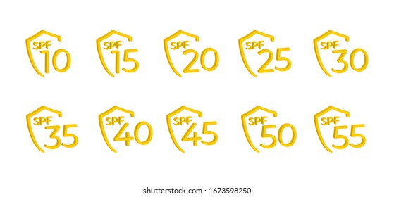 Iconos para productos de protección solar. Conjunto de iconos de protección solar 3d SPF aislados en fondo blanco. spf 30, 50, protección solar, UV, ilustración vectorial