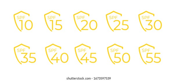 Icons for sunscreen products. Set of flat SPF sun protection icons isolated on white background. spf 30, 50, sun, UV protection, vector illustration