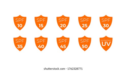 Icons for sunscreen products. Set of flat SPF sun protection icons isolated on white background. spf 30, 50, sun, UV protection, vector illustration