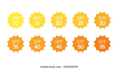 Icons for sunscreen products. Set of flat SPF sun protection icons isolated on white background. spf 30, 50, sun, UV protection, vector illustration