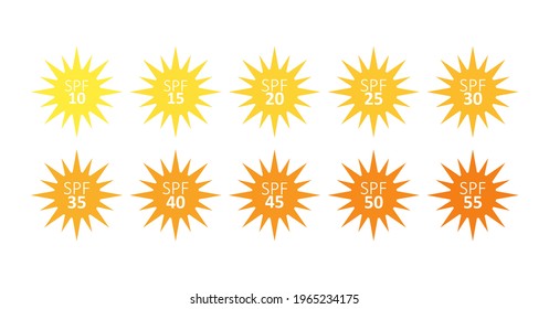 Icons for sunscreen products. Set of flat SPF sun protection icons isolated on white background. spf 30, 50, sun, UV protection, vector illustration