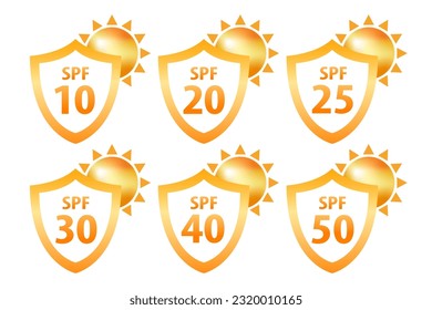 Icons for sunscreen products. Set of flat SPF sun protection icons isolated on white background. spf 30, 50, sun, UV protection. Sun vector icon. Vector illustration