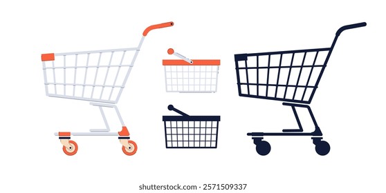 Icons supermarket cart and basket. Plastic shopping container for purchase. Metal steel trolley for grocery product. Shop cartoon flat isolated illustration and silhouette. Vector concept