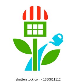 Icons - support small business. Picture of a shop, a plant and a watering can. Flat style isolated on white background. Vector.
