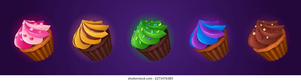 Icons of sweet food, chocolate cakes. Cute desserts, cupcakes and muffins with different cream. Pastry symbols for match three game, vector cartoon set isolated on background