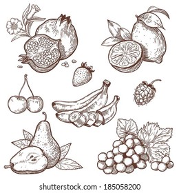 Icons of sweet fruits and berries on a white background 