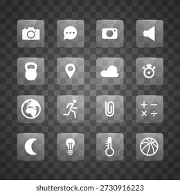 Icons Symbol Digital interfaces: camera, speech, volume, fitness, location, weather, time, world, activity, math, light, temperature, sport.