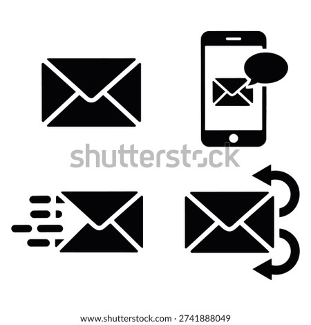 Icons symbolizing email and digital messaging, including envelopes, a smartphone, and sending notifications.