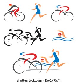 Ícones simbolizando triatlo, natação, corrida e ciclismo. Ilustração vetorial.