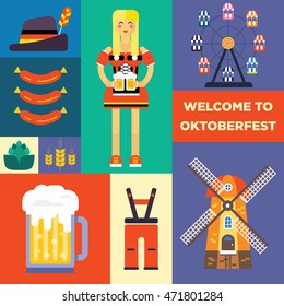 The icons, symbols of bavarian beer festival - oktoberfest. Young girl in traditional dress, wind mill, ferris wheel, wheat, sausages and hop. Flat trendy modern  style. 