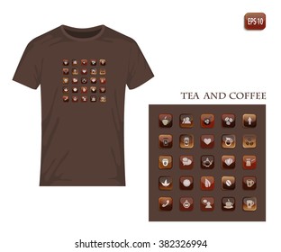 Icons and symbols in coffee tones. Vector design for printing on T-shirt. Elements distributed by layers. Eps10 file comfortable  for redaction.
