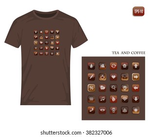 Icons and symbols in coffee tones. Vector design for printing on T-shirt. Elements distributed by layers. Eps10 file comfortable  for redaction.
