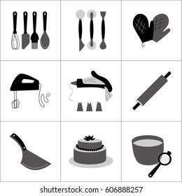 ICONS, SYMBOLS AND GRAPHIC ELEMENTS OF KITCHEN TOOLS. Editable vector illustration file.