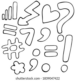 iconos y símbolos, puntuación y matemáticas, elementos de conjunto vectorial en estilo Doodle, coloreado, objeto aislado