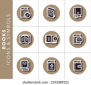 Icons and symbols set related to books and documents with shadow on brown background. Vector isolated graphic.