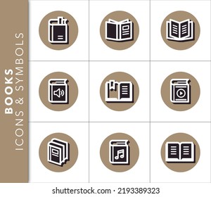 Icons and symbols set related to books and documents with shadow on brown background. Vector isolated graphic.