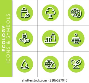 Icons and symbols set related to ecology and environment with shadow on green background. Vector isolated graphic.