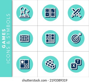 Icons and symbols set related to games with shadow on blue background. Vector isolated graphic.