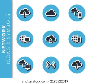 Icons and symbols set related to network and web with shadow on blue background. Vector isolated graphic.