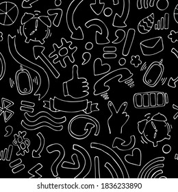 icons and symbols, vector seamless pattern of white elements in Doodle style chalk on the Board