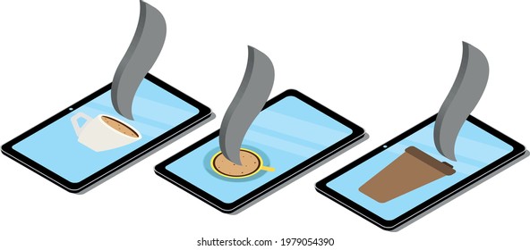 icons of tablets with cups of aromatic coffee in isometric