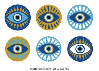 Icons of talismans for evil eye. Turkish or Greek symbols. Nazar, magic amulet, exoteric. Hand drawn blue mystical icons. Isolated vector illustration in doodle style.