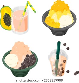 Die Symbole schmackhafter und einzigartiger taiwanischer Süßspeisen wie Mango-Rasiereis und Tapioca-Rasiereis, Papayakmilch und Tapioca-Milchtee