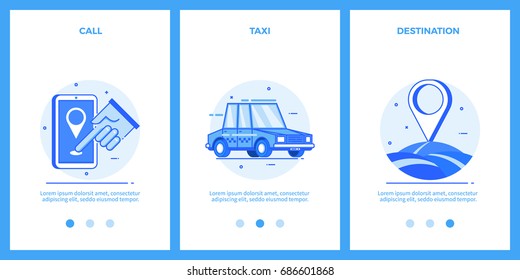 Icons of taxi service - call, taxi, destination. Outline blue banners, screens for mobile apps and web sites. Vector illustration.