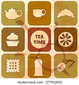 Icons Tea Time. Set of 9 icons. Grunge background. Old paper