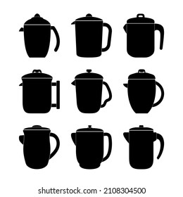 Icons of teapots-coffee pots of different shapes are black on a white background. Vector image.