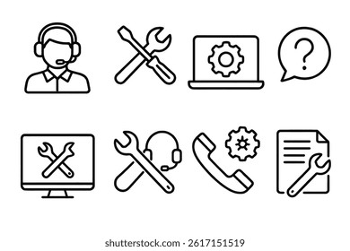 Icons for tech support are depicted in a stroke line style using black and white hues