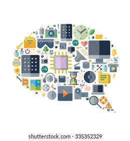 Icons for technology and electronic devices arranged in speech bubble shape. Vector illustration.