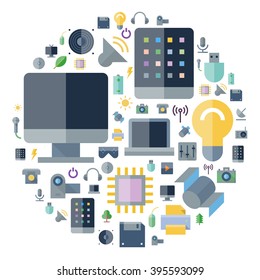 Icons for technology and electronic devices arranged in circle. Vector illustration.