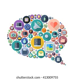 Icons for technology and electronic devices arranged in speech bubble shape. Vector illustration.