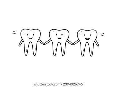 Icons of teeth with doodle emotions. The concept of healthy teeth and a beautiful smile. Vector illustration of dental care.