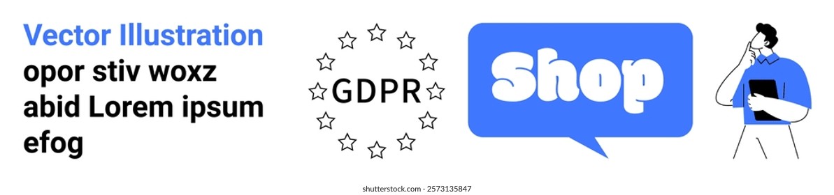 Icons and text about online shopping and GDPR with a blue speech bubble saying Shop and a person holding a tablet. Ideal for e-commerce, privacy policies, landing pages, tech blogs, educational