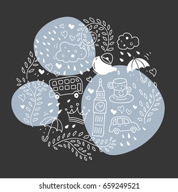 Icons texture in black and white colors. Vector London background in circle. It can be used for invitations, weddings, pictures, greeting cards, wallpaper. Template for travel, adventure, vacation.
