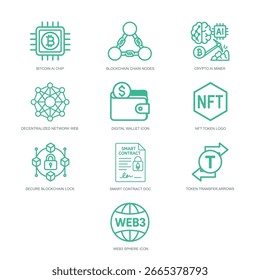 Iconos que se relacionan con los sistemas blockchain, las criptomonedas y los activos digitales.