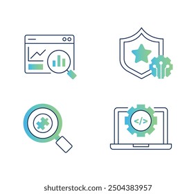Icons that represent vital components of data analysis, cybersecurity, software development, and strategic problem-solving, highlighting the importance of precision, security, and technology.