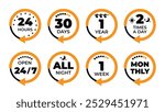 Icons that visually represent various timeframes and special promotional events and time cycles. Orange black vector round time icons. Open 24 hours, month, year, week calendar