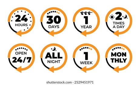 Iconos que representan visualmente varios marcos de tiempo y eventos promocionales especiales y ciclos de tiempo. Iconos de tiempo redondo de Vector negro naranja. Abierto 24 horas, mes, año, semana calendario