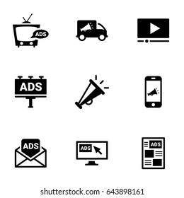 Icons for theme Advertising, media, communication, vector, icon, set. White background
