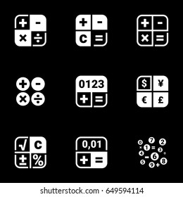 Icons for theme Calculator, counting, math, vector, icon, set. Black background
