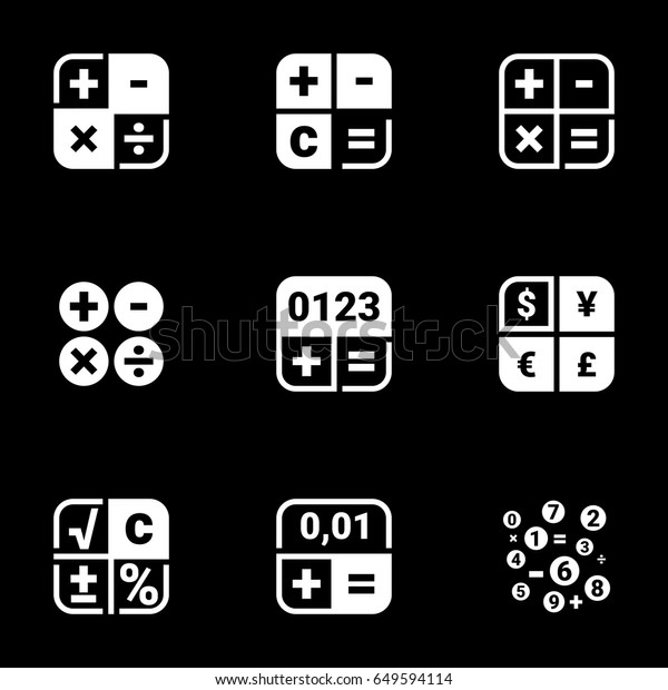 Icons for theme Calculator, counting, math,\
vector, icon, set. Black\
background