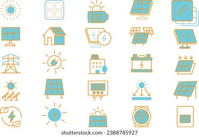  Icons for theme solar panels, vector, icon, set. White background. Solar panel related icons: thin vector icon set, black and Green, Yellow kit.