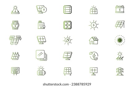  Icons for theme solar panels, vector, icon, set. White background. Solar panel related icons: thin vector icon set, black and Green, Yellow kit.