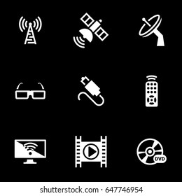 Icons for theme Tv, satellite, broadcasting, vector, icon, set. Black background