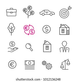 icons thin line icon dollar business money vector set bank money dollar euro cent profit bag aim scale man symbol flat price golden coin symbol presentation market boss client aim grey house insurance