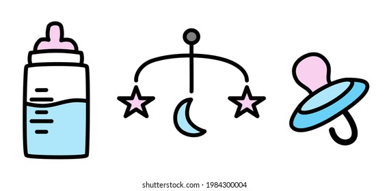icons of things for the baby. a set of vector illustrations. baby bottle, baby mobile, baby pacifier. on a white background.